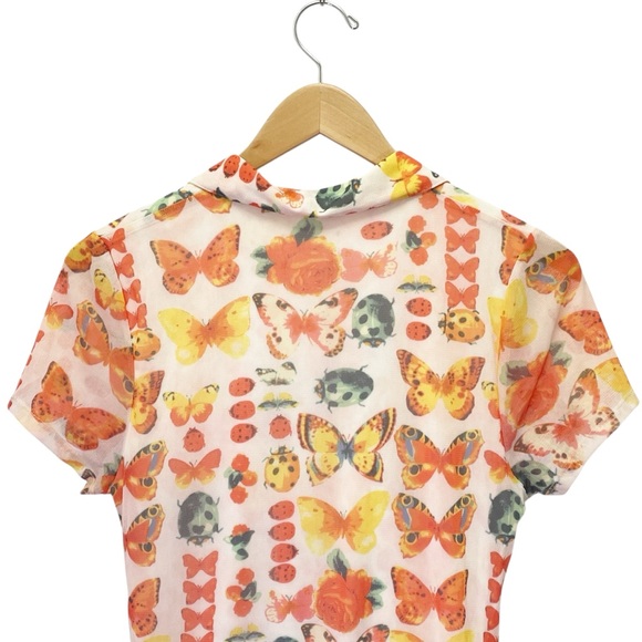 Urban Outfitters Riko Y2K Mesh Dress Orange Butterfly Ruched Mini Size Large - Picture 8 of 13